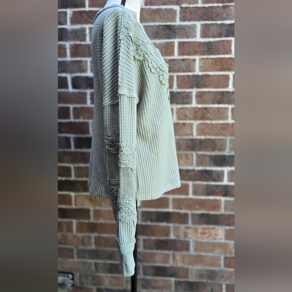Daytrip Slouchy Sage Green Lace Trim Sweater - Picture 5 of 10